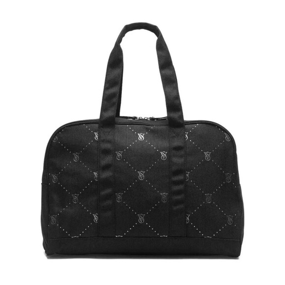 NWT Victoria's Secret VS Logo Large Weekender Black Quilted Tote Zip Duffle Bag - Picture 1 of 4